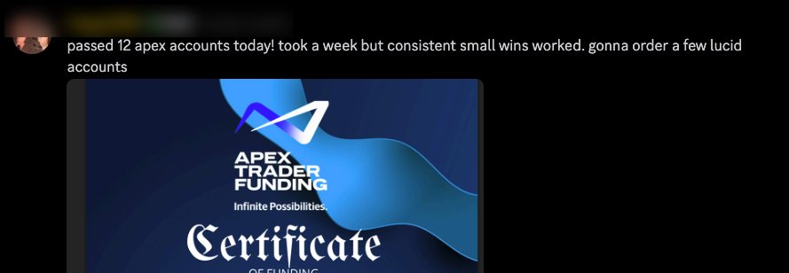 Discord: passed 12 Apex accounts in a week, consistent small wins worked