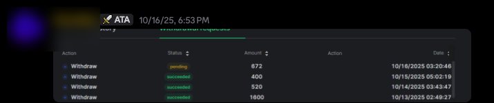 Withdrawals of $1,600, $520 and $400 marked succeeded, October 2025