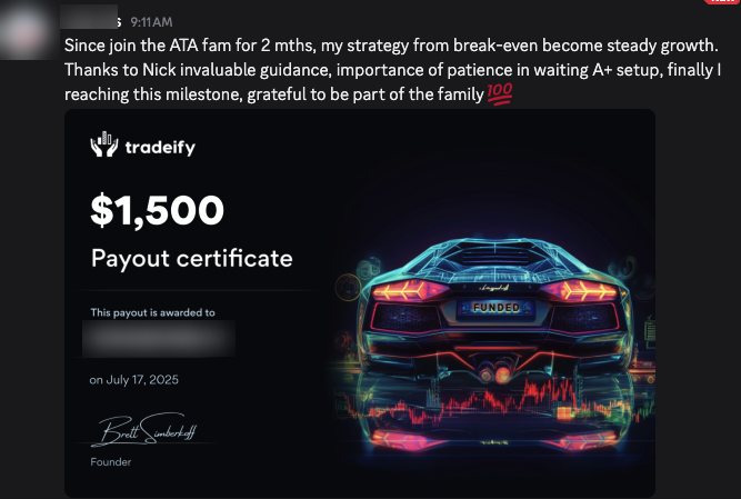 Tradeify payout certificate for $1,500, July 17, 2025, with the student's note thanking Nick for patience in waiting for A+ setups