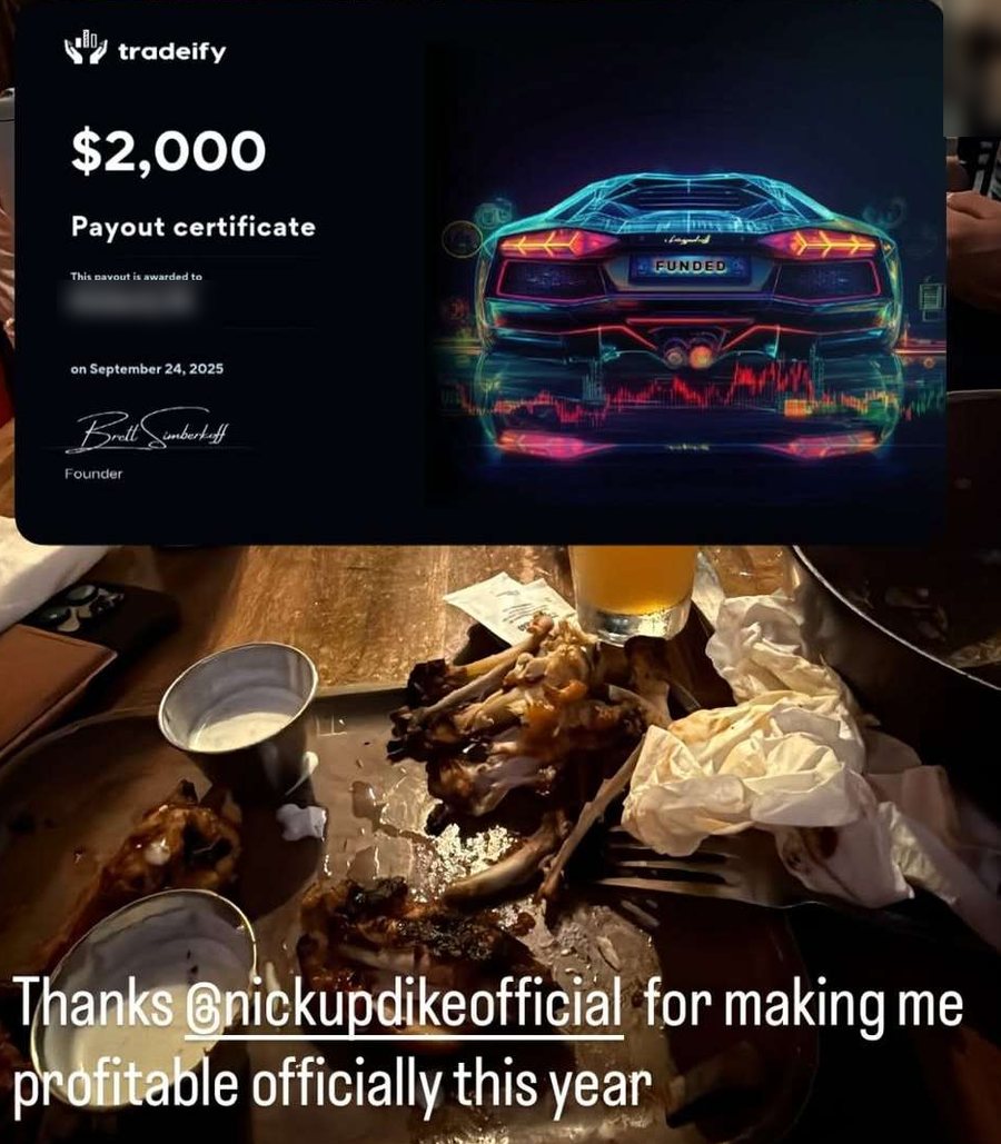 Tradeify payout certificate for $2,000, September 24, 2025, with the caption: Thanks @nickupdikeofficial for making me profitable officially this year